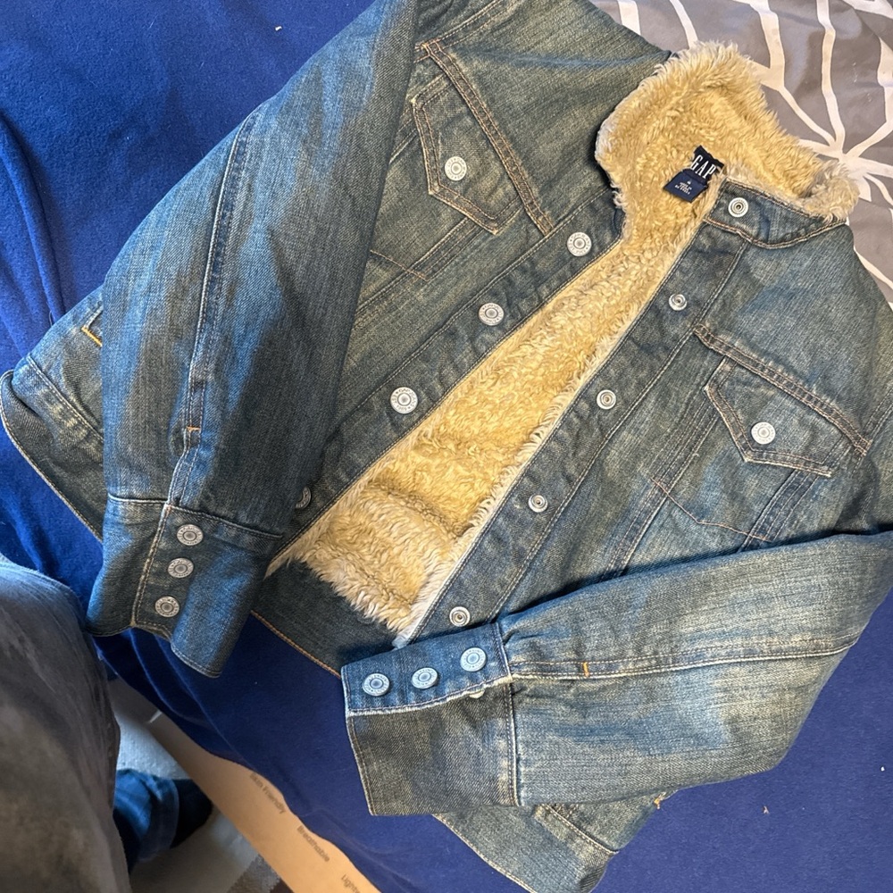 GAP Blue Denim Jacket with Cream Faux Fur